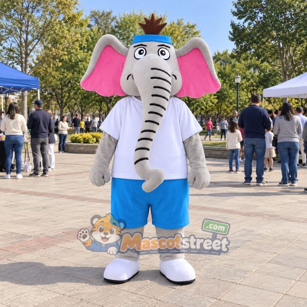 Gray Elephant Mascot Costume with White Shirt, Blue Shorts and Blue Cap