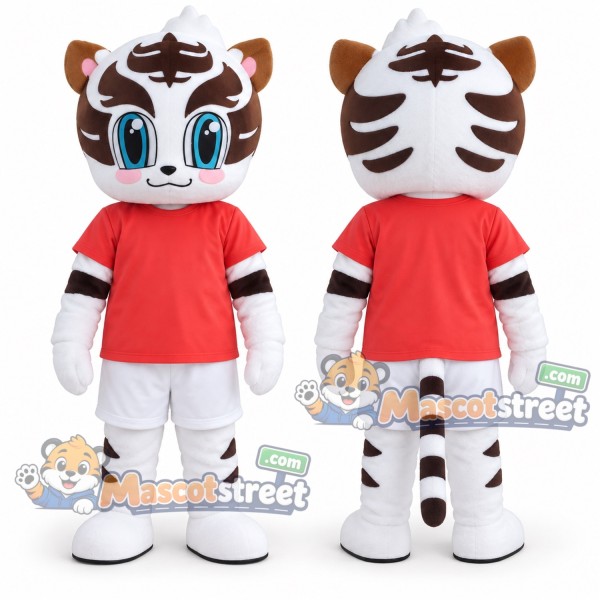 White Tiger Mascot Costume with Red Shirt and White Shorts