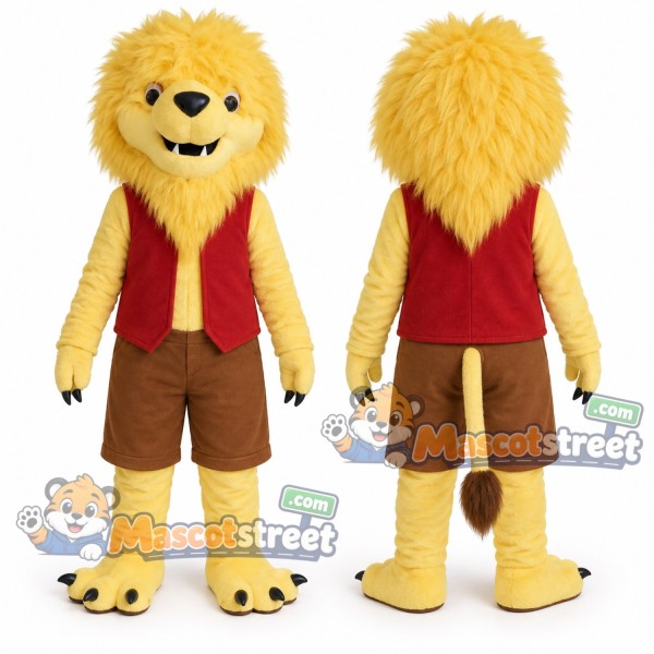 Yellow Lion Mascot Costume with Red Vest and Brown Shorts