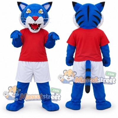 Blue Tiger Mascot Costume with Red Shirt and White Shorts Blue Tiger Mascot Costume with Red Shirt and White Shorts