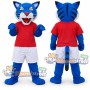 Blue Tiger Mascot Costume with Red Shirt and White Shorts