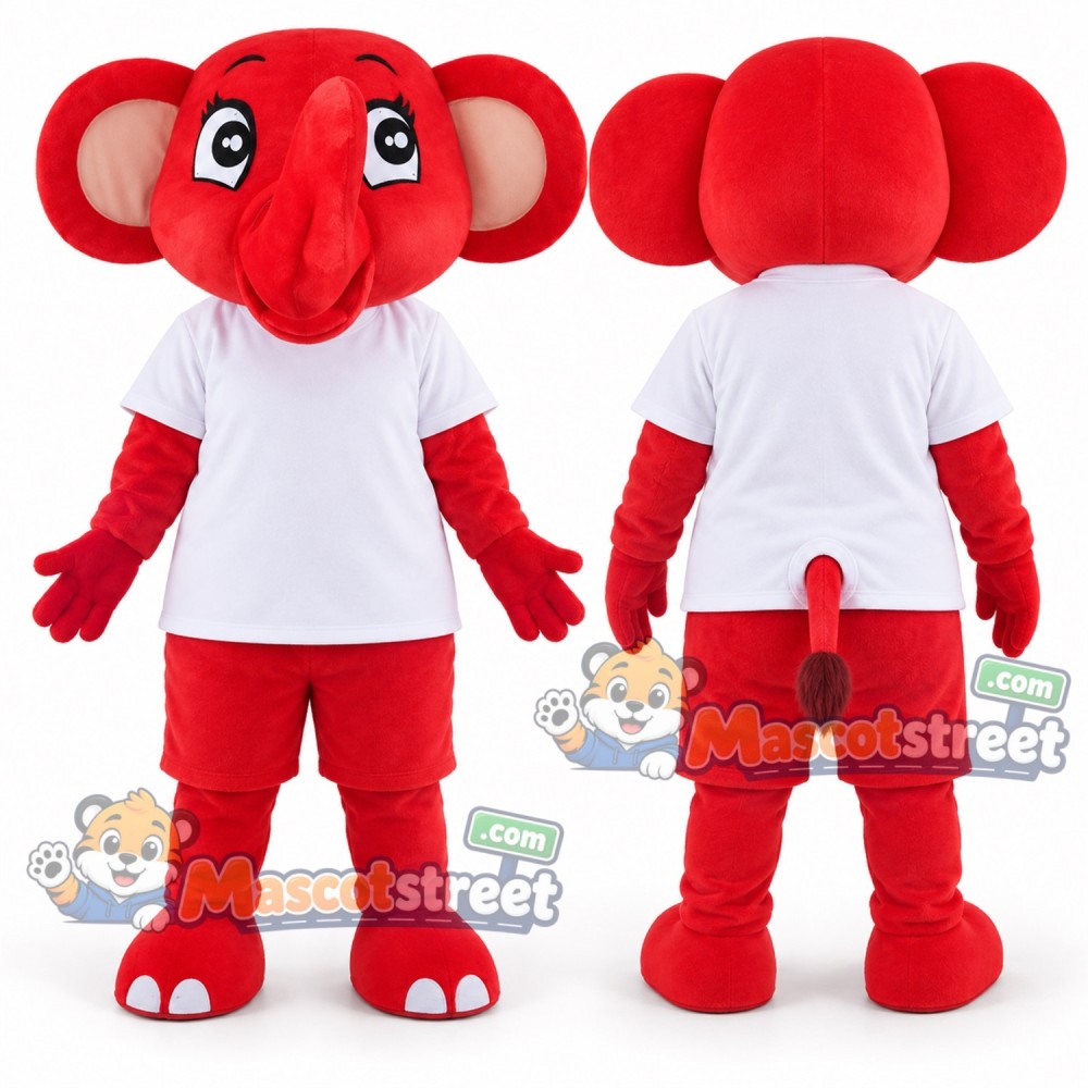 Red Elephant Mascot Costume with White Shirt and Red Shorts Red Elephant Mascot Costume with White Shirt and Red Shorts