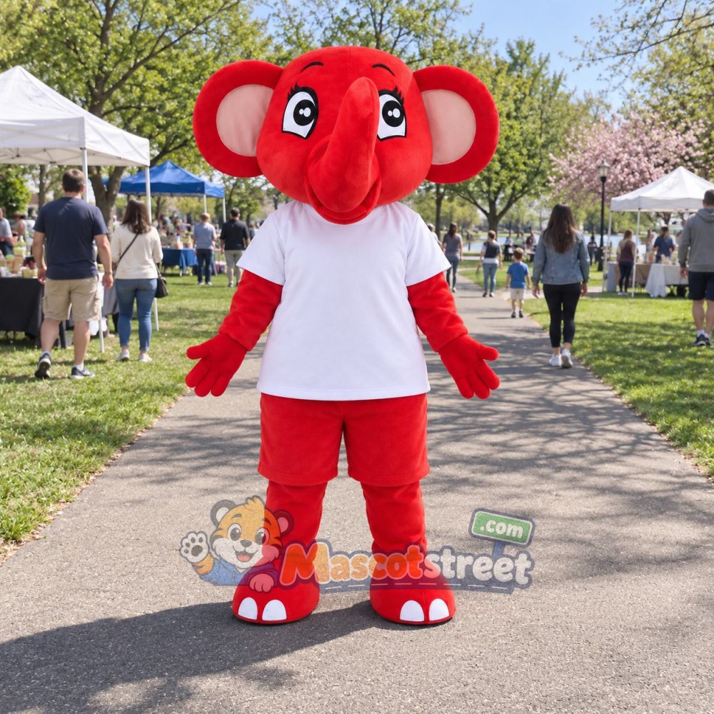 Red Elephant Mascot Costume with White Shirt and Red Shorts