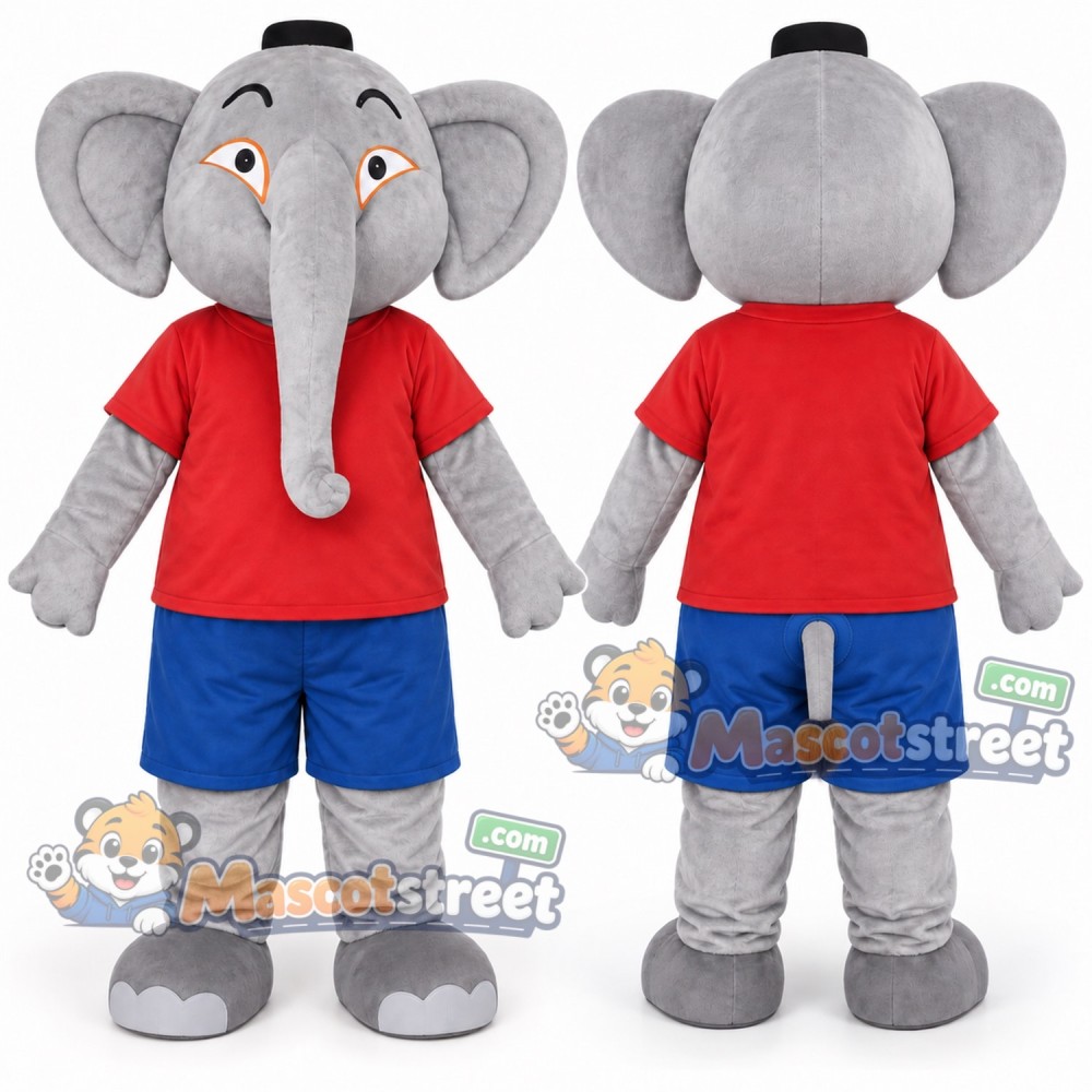 Gray Elephant Mascot Costume with Red Shirt and Blue Shorts Gray Elephant Mascot Costume with Red Shirt and Blue Shorts