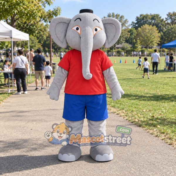 Gray Elephant Mascot Costume with Red Shirt and Blue Shorts