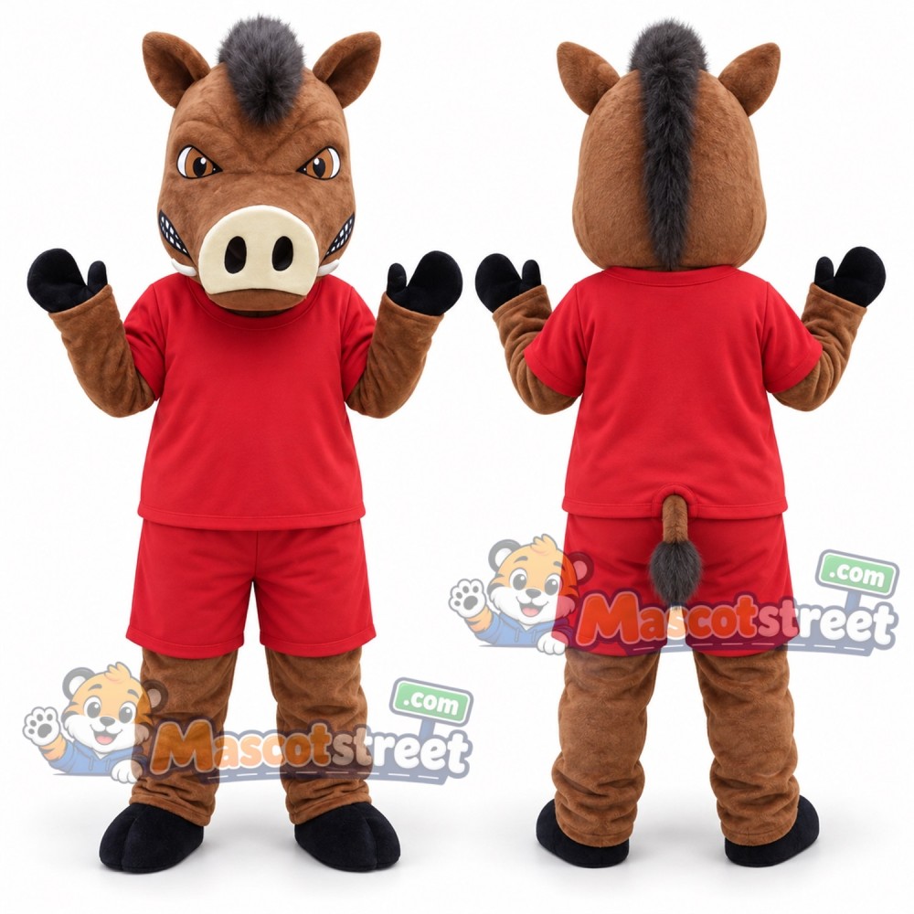 Brown Boar Mascot Costume with Red Shirt and Shorts Brown Boar Mascot Costume with Red Shirt and Shorts