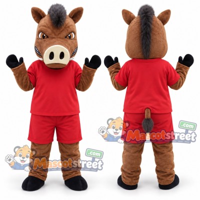 Brown Boar Mascot Costume with Red Shirt and Shorts Brown Boar Mascot Costume with Red Shirt and Shorts