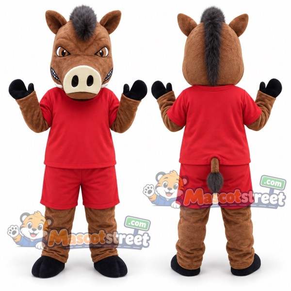 Brown Boar Mascot Costume with Red Shirt and Shorts