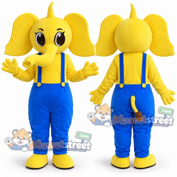 Yellow Elephant Mascot Costume with Blue Overalls