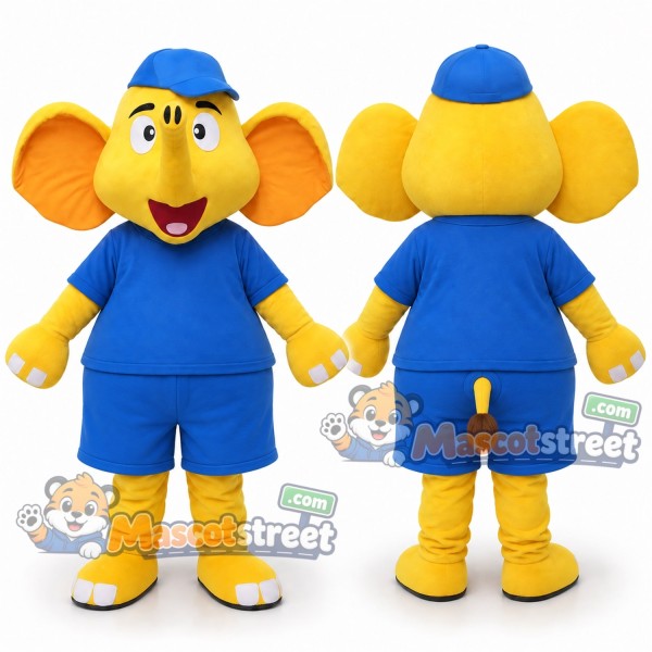 Yellow Elephant Mascot Costume with Blue Shirt, Blue Shorts and Blue Cap