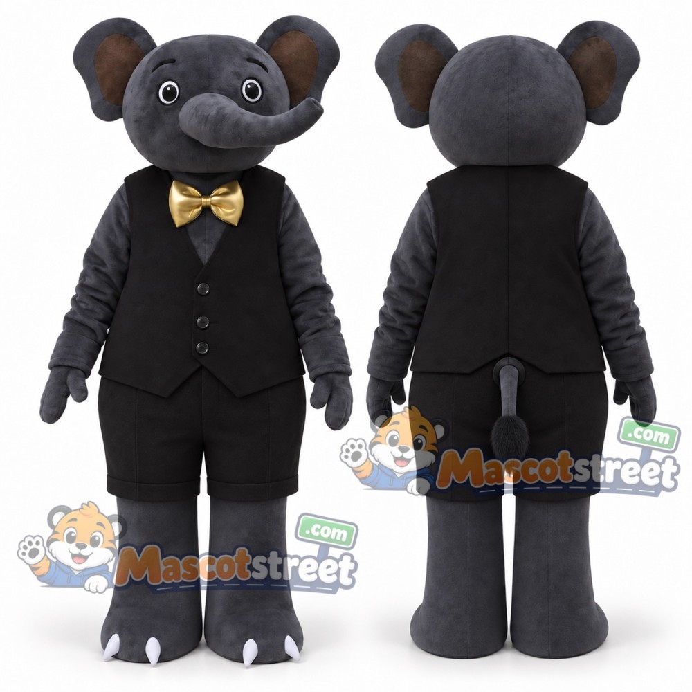 Black Elephant Mascot Costume with Black Suit and Gold Bow Tie Black Elephant Mascot Costume with Black Suit and Gold Bow Tie