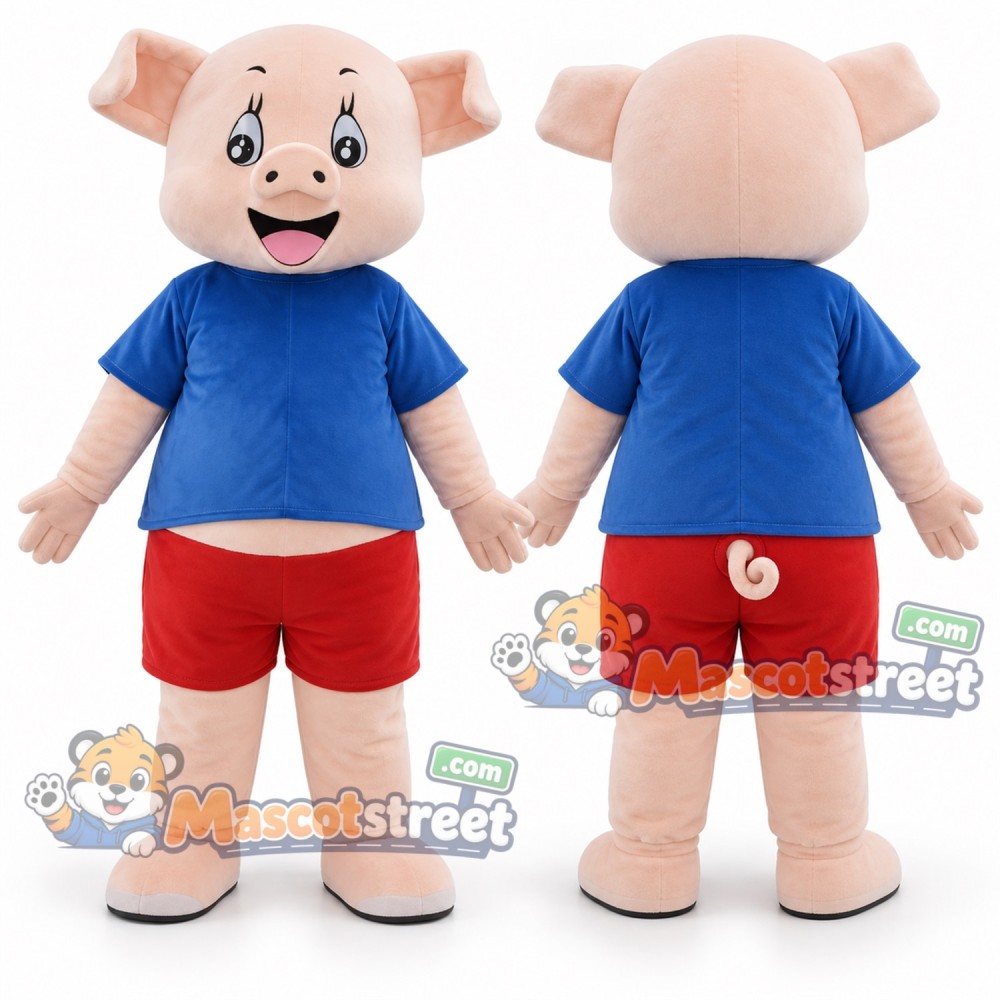 Pink Pig Mascot Costume with Blue Shirt and Red Shorts