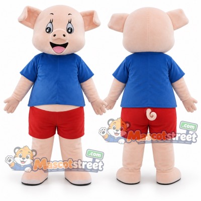 Pink Pig Mascot Costume with Blue Shirt and Red Shorts