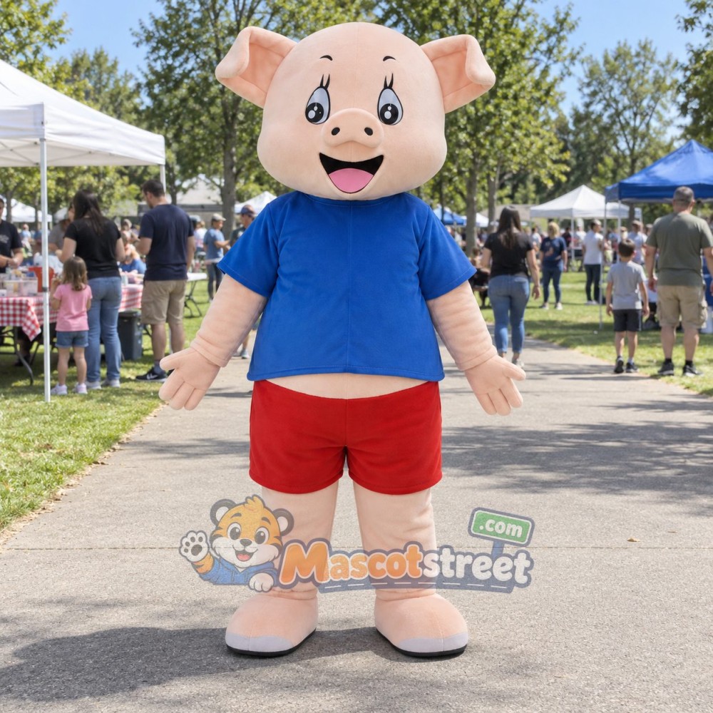 Pink Pig Mascot Costume with Blue Shirt and Red Shorts Pink Pig Mascot Costume with Blue Shirt and Red Shorts