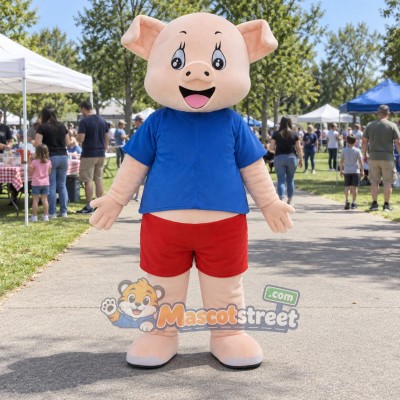 Pink Pig Mascot Costume with Blue Shirt and Red Shorts Pink Pig Mascot Costume with Blue Shirt and Red Shorts