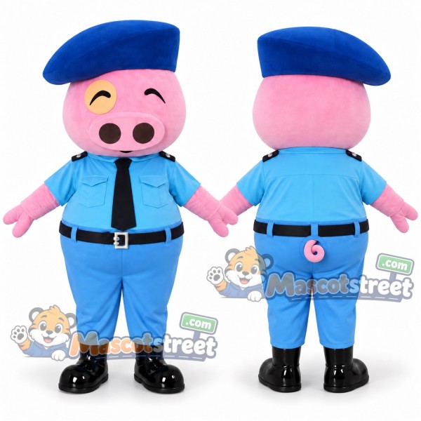 Pink Pig Police Officer Mascot Costume with Blue Uniform and Beret