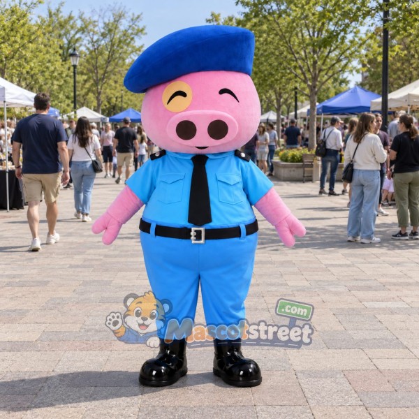 Pink Pig Police Officer Mascot Costume with Blue Uniform and Beret