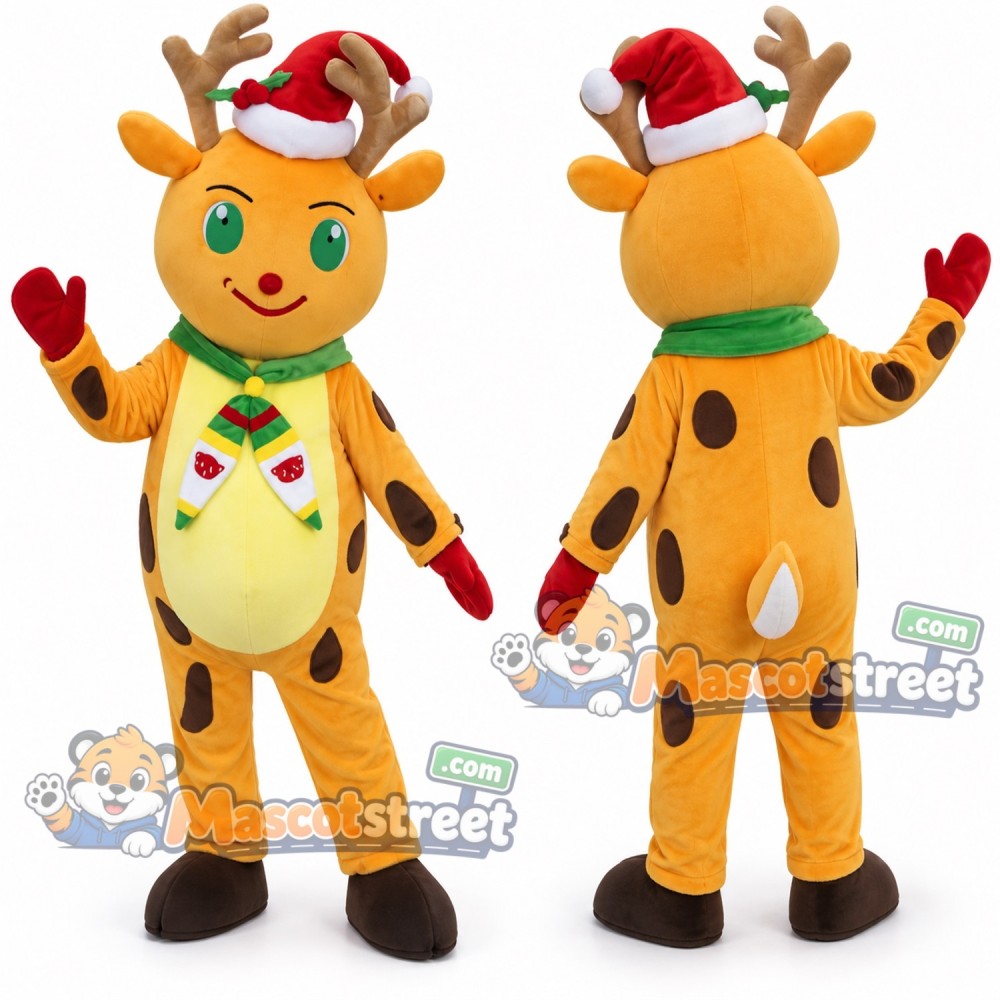Yellow Reindeer Mascot Costume with Santa Hat and Patterned Neckerchief Yellow Reindeer Mascot Costume with Santa Hat and Patterned Neckerchief