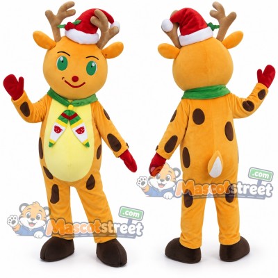 Yellow Reindeer Mascot Costume with Santa Hat and Patterned Neckerchief Yellow Reindeer Mascot Costume with Santa Hat and Patterned Neckerchief