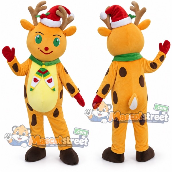 Yellow Reindeer Mascot Costume with Santa Hat and Patterned Neckerchief