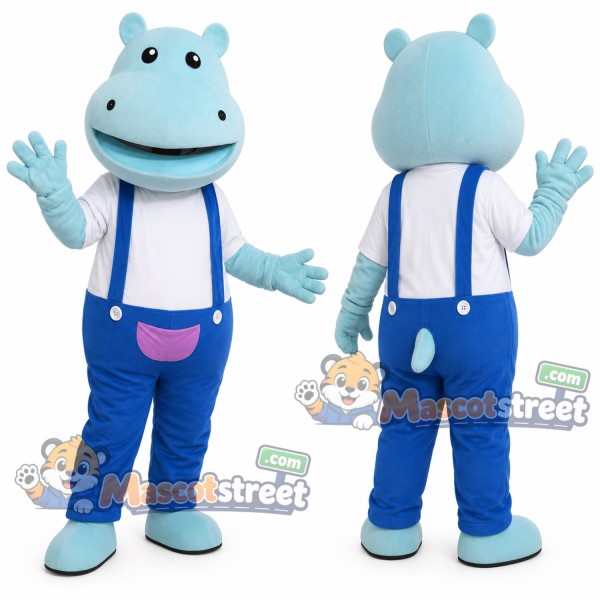 Light Blue Hippopotamus Mascot Costume with White Shirt and Blue Overalls