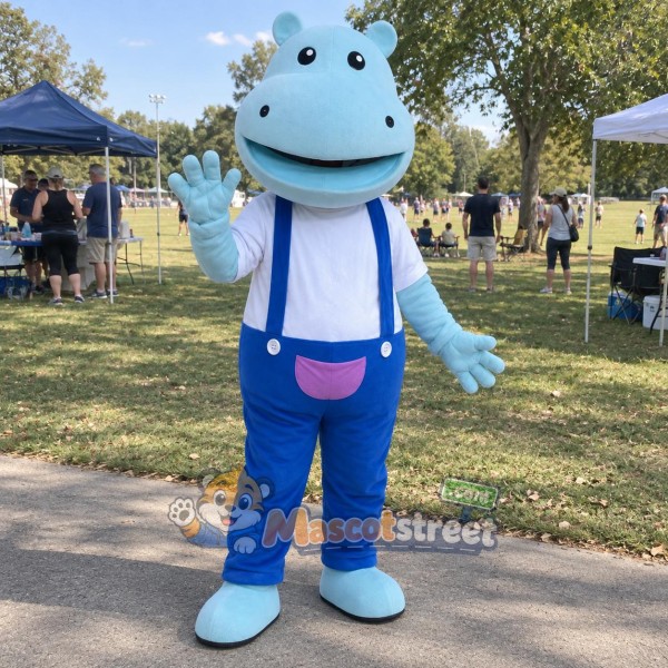 Light Blue Hippopotamus Mascot Costume with White Shirt and Blue Overalls Light Blue Hippopotamus Mascot Costume with White Shirt and Blue Overalls