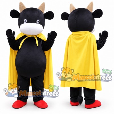 Black Cow Superhero Mascot Costume with Yellow Cape Black Cow Superhero Mascot Costume with Yellow Cape
