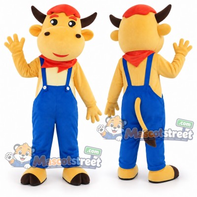 Yellow Cow Mascot Costume with Blue Overalls, Red Neckerchief and Red Cap
