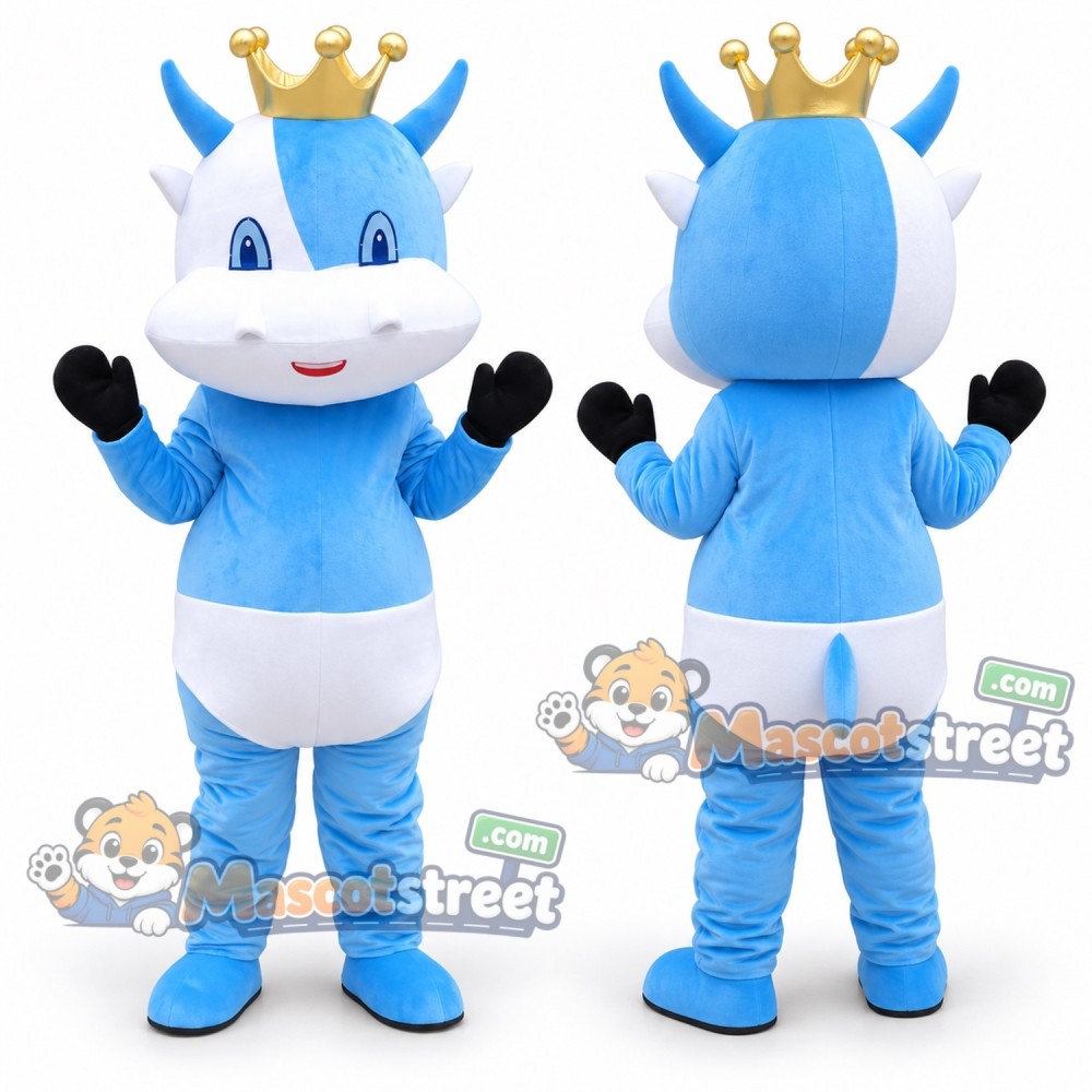 Blue Calf King Mascot Costume with White Shorts and Crown