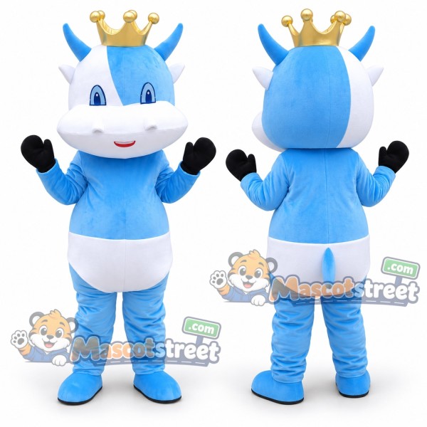 Blue Calf King Mascot Costume with White Shorts and Crown