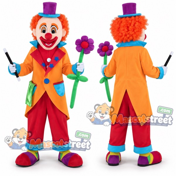 Clown Mascot Costume with Orange Coat, Red Pants and Top Hat