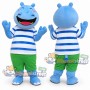 Blue Hippopotamus Mascot Costume with Blue Striped Shirt and Green Shorts