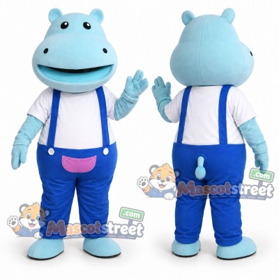 Light Blue Hippopotamus Mascot Costume with White Shirt and Blue Overalls