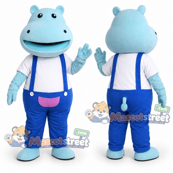 Light Blue Hippopotamus Mascot Costume with White Shirt and Blue Overalls