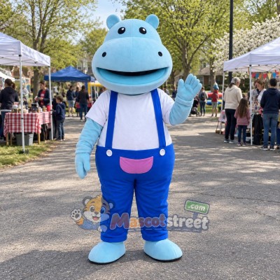Light Blue Hippopotamus Mascot Costume with White Shirt and Blue Overalls