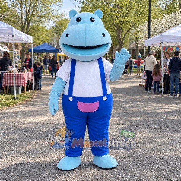Light Blue Hippopotamus Mascot Costume with White Shirt and Blue Overalls Light Blue Hippopotamus Mascot Costume with White Shirt and Blue Overalls