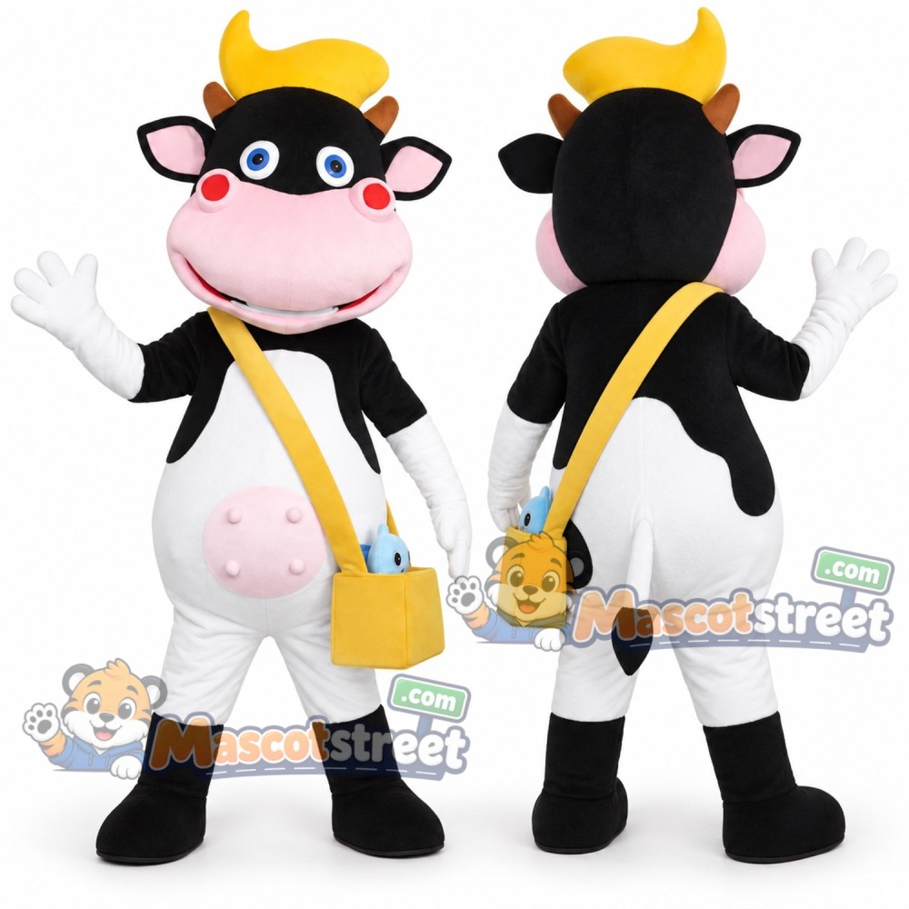 Black and White Cow Mascot Costume with Glasses, Yellow Cap and Shoulder Bag