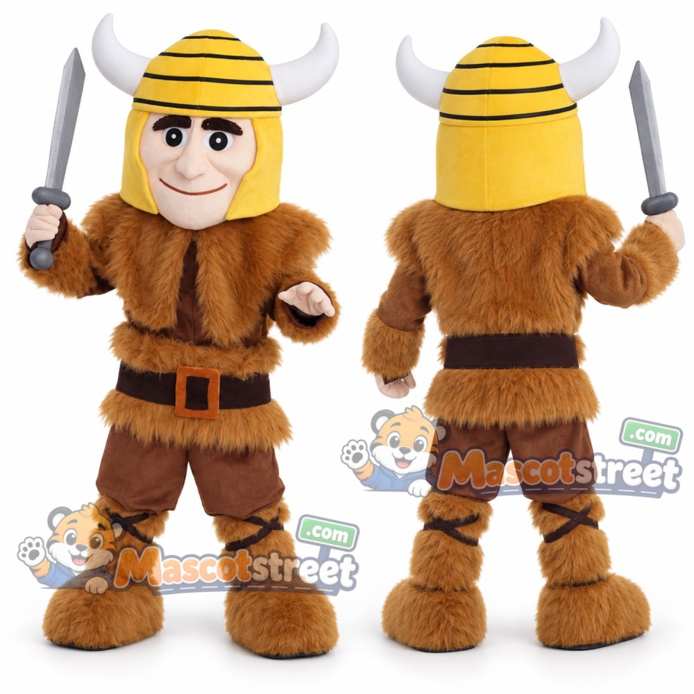 Warrior Mascot Costume with Brown Outfit and Horned Yellow Helmet Warrior Mascot Costume with Brown Outfit and Horned Yellow Helmet