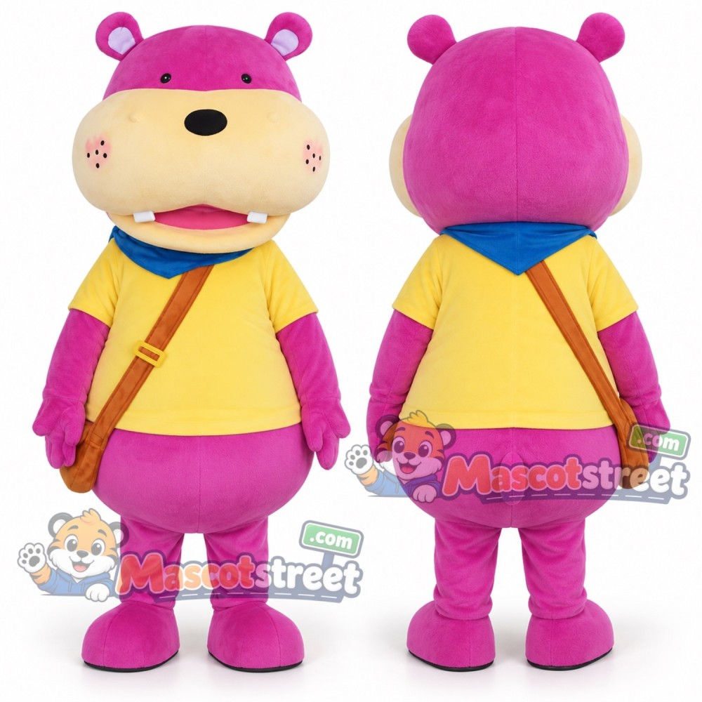 Purple Hippopotamus Mascot Costume with Yellow Shirt and Blue Neckerchief Purple Hippopotamus Mascot Costume with Yellow Shirt and Blue Neckerchief