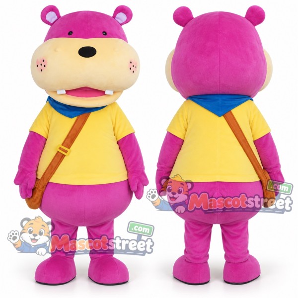 Purple Hippopotamus Mascot Costume with Yellow Shirt and Blue Neckerchief