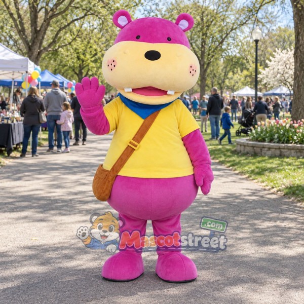 Purple Hippopotamus Mascot Costume with Yellow Shirt and Blue Neckerchief