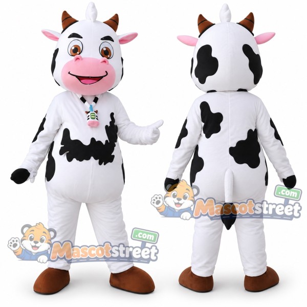 Black and White Cow Mascot Costume with Floral Collar