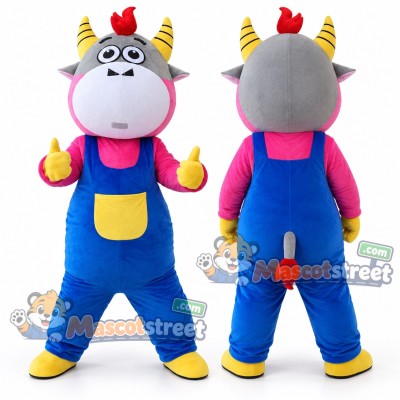 Gray Bull Mascot Costume with Pink Shirt and Blue Overalls