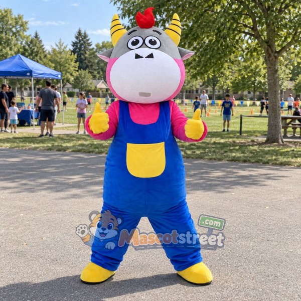 Gray Bull Mascot Costume with Pink Shirt and Blue Overalls