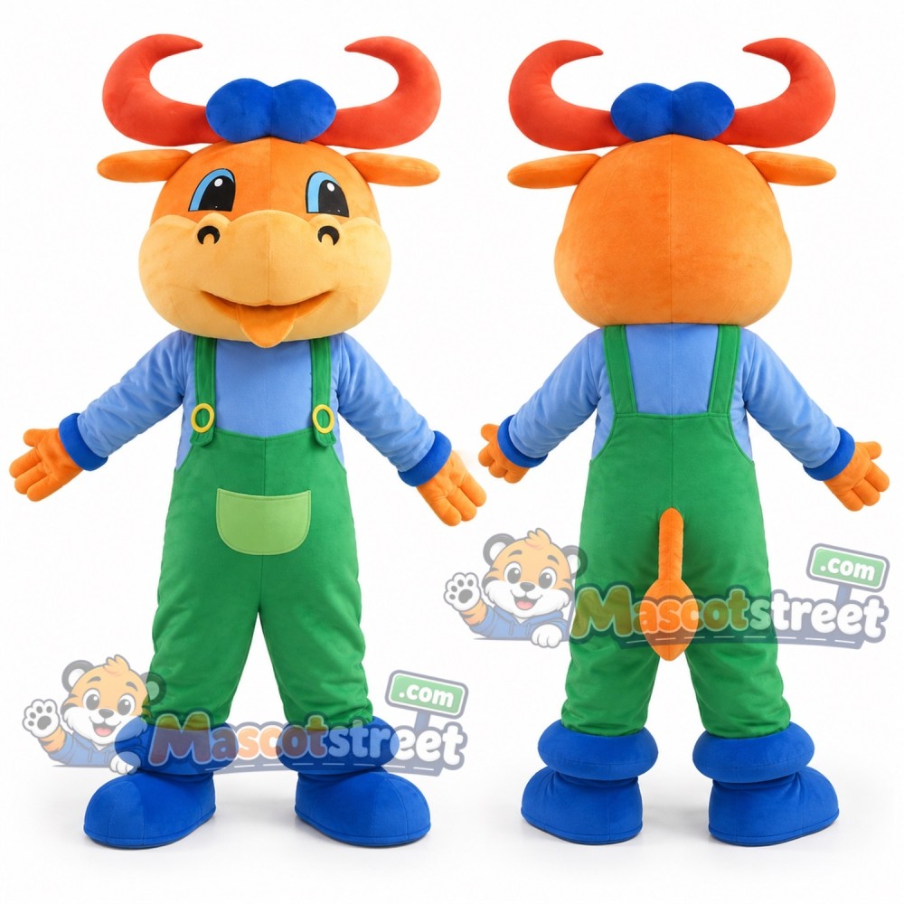 Orange Bull Mascot Costume with Green Overalls, Blue Shirt and Blue Cap Orange Bull Mascot Costume with Green Overalls, Blue Shirt and Blue Cap