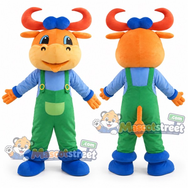 Orange Bull Mascot Costume with Green Overalls, Blue Shirt and Blue Cap