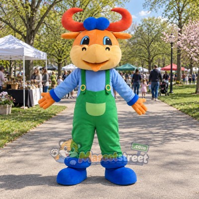 Orange Bull Mascot Costume with Green Overalls, Blue Shirt and Blue Cap