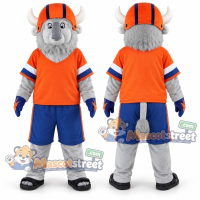 Gray Bull Mascot Costume with Orange Shirt, Blue Shorts and Orange Helmet