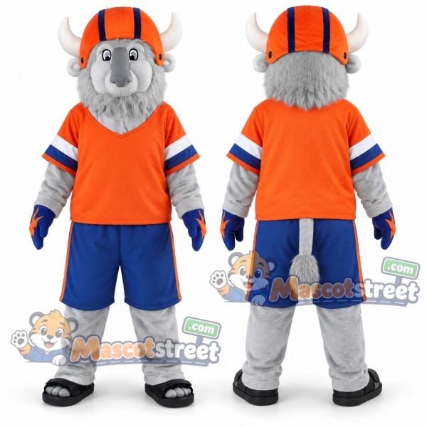 Gray Bull Mascot Costume with Orange Shirt, Blue Shorts and Orange Helmet