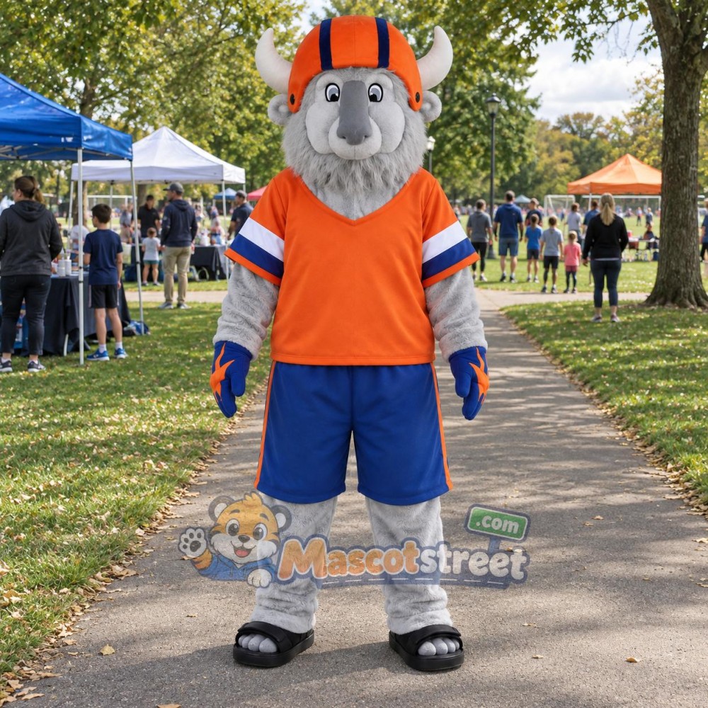 Gray Bull Mascot Costume with Orange Shirt, Blue Shorts and Orange Helmet